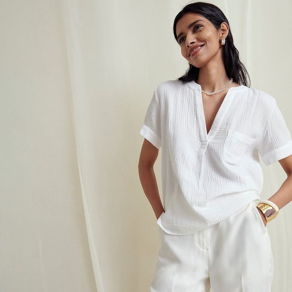 J. Crew Tan Soft Gauze V-neck Chest Pocket Cotton Blouse Size Small